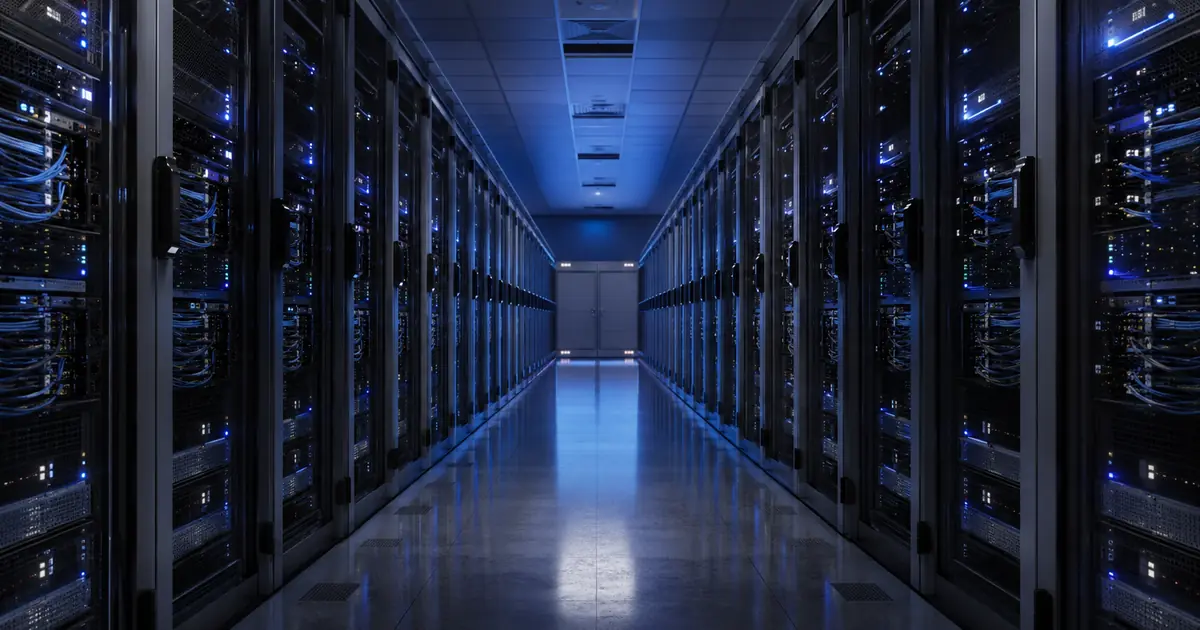 Pasillo de racks dentro del Data Center de LOQUI con iluminación azul