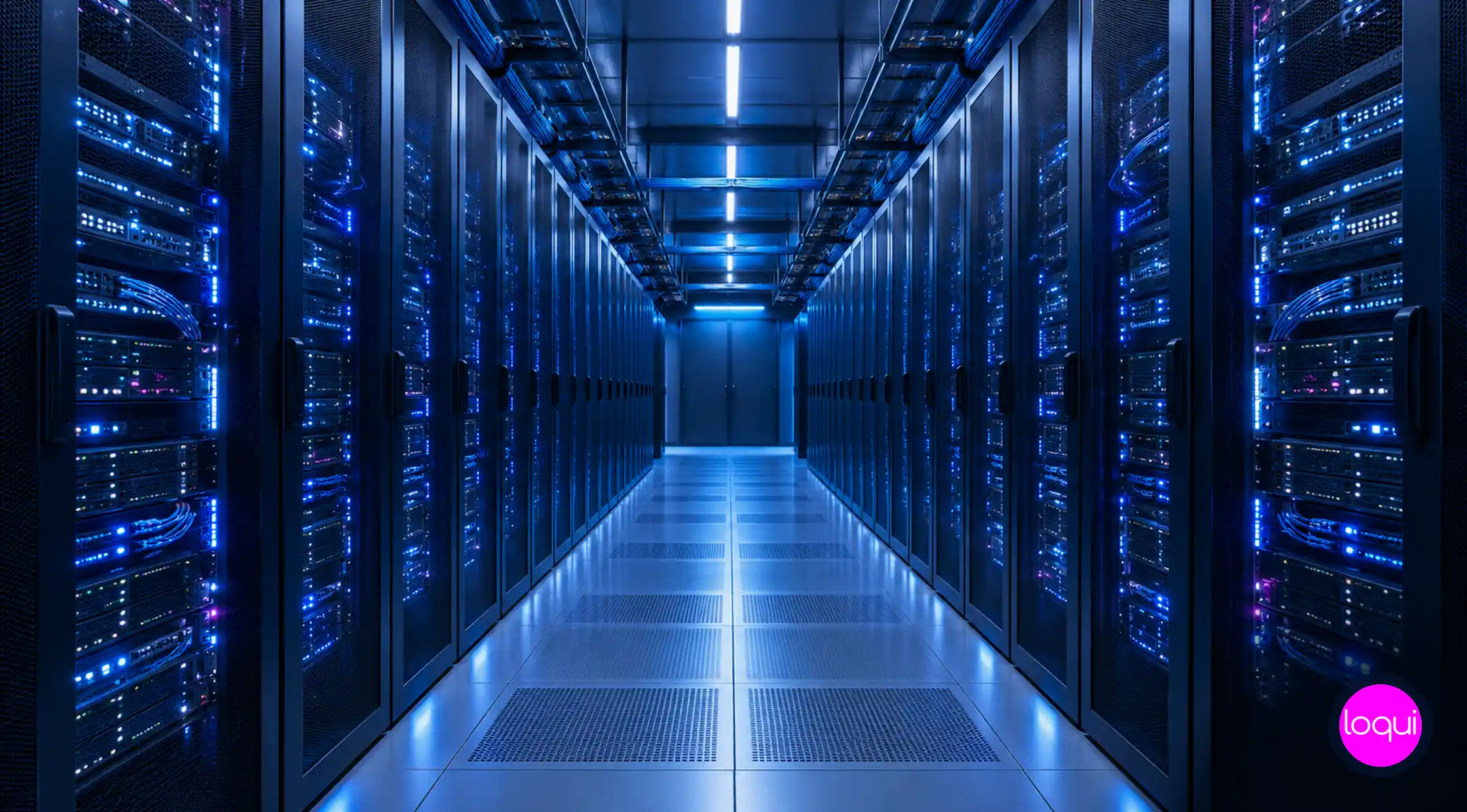 Pasillo de racks del Data Center de LOQUI con iluminación azul